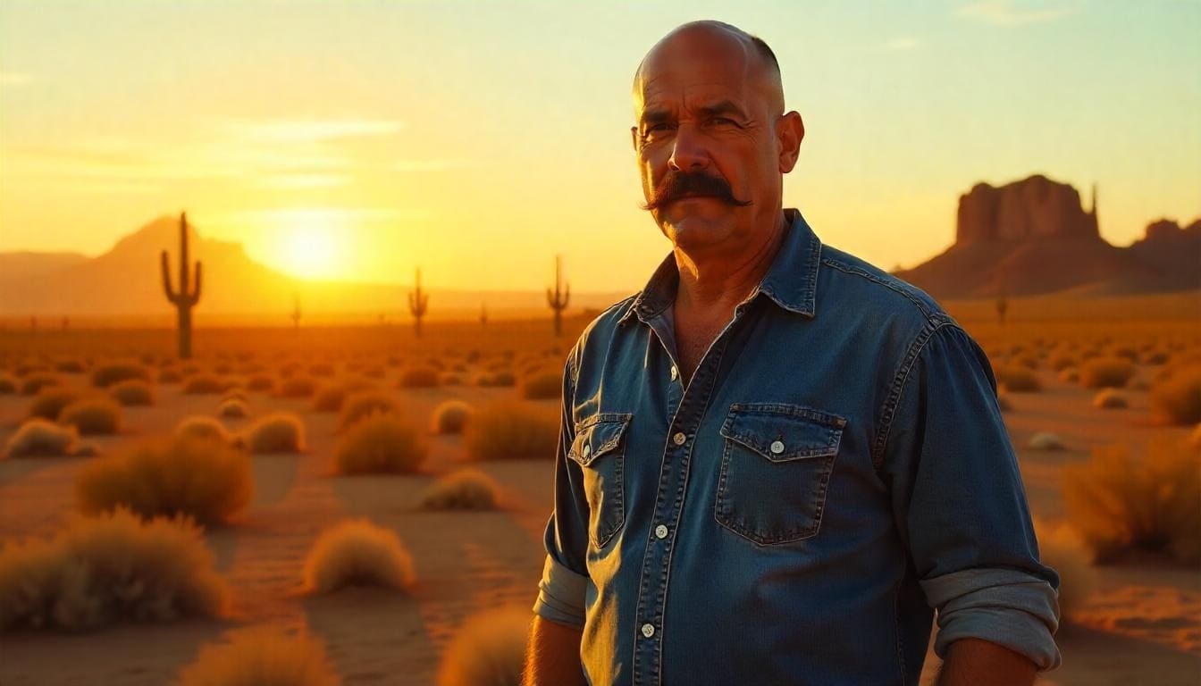 Bald individual sporting a thick, classic mustache with a clean-shaven face.